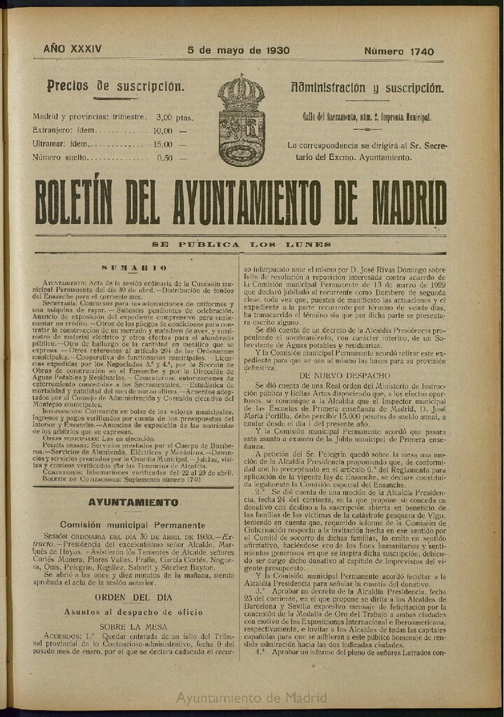 Miniatura de Boletín Oficial del Ayuntamiento de Madrid del 5 de mayo de 1930, nº 1740