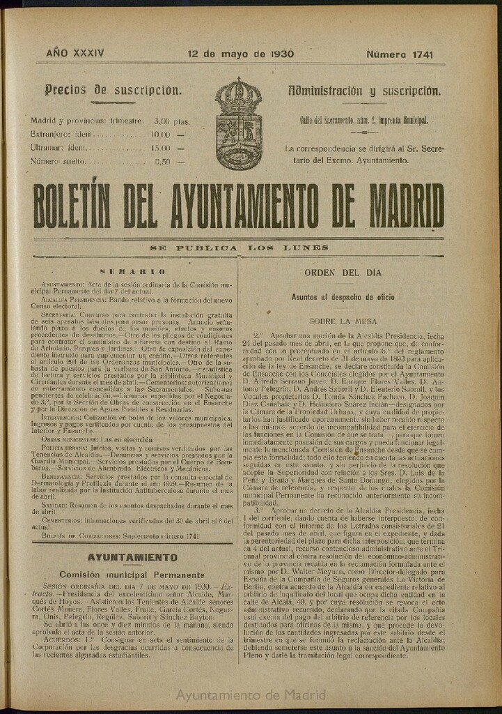 Miniatura de Boletín Oficial del Ayuntamiento de Madrid del 12 de mayo de 1930, nº 1741