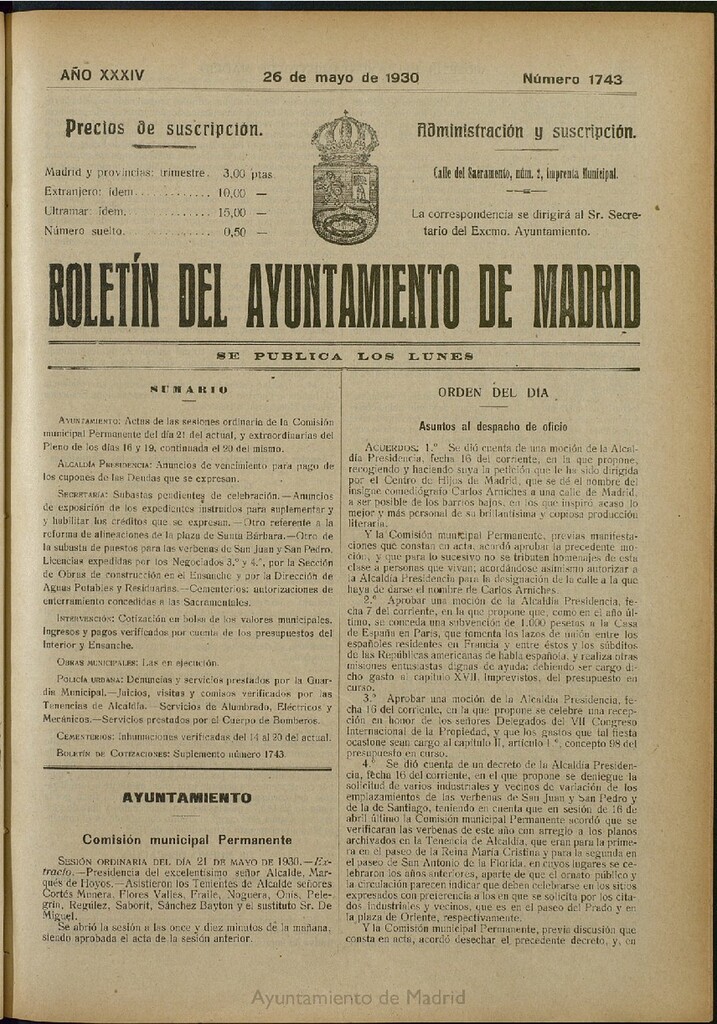 Miniatura de Boletín Oficial del Ayuntamiento de Madrid del 26 de mayo de 1930, nº 1743