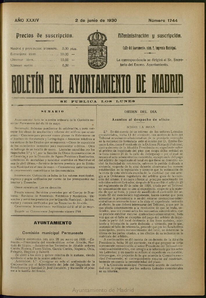 Miniatura de Boletín Oficial del Ayuntamiento de Madrid del 2 de junio de 1930, nº 1744