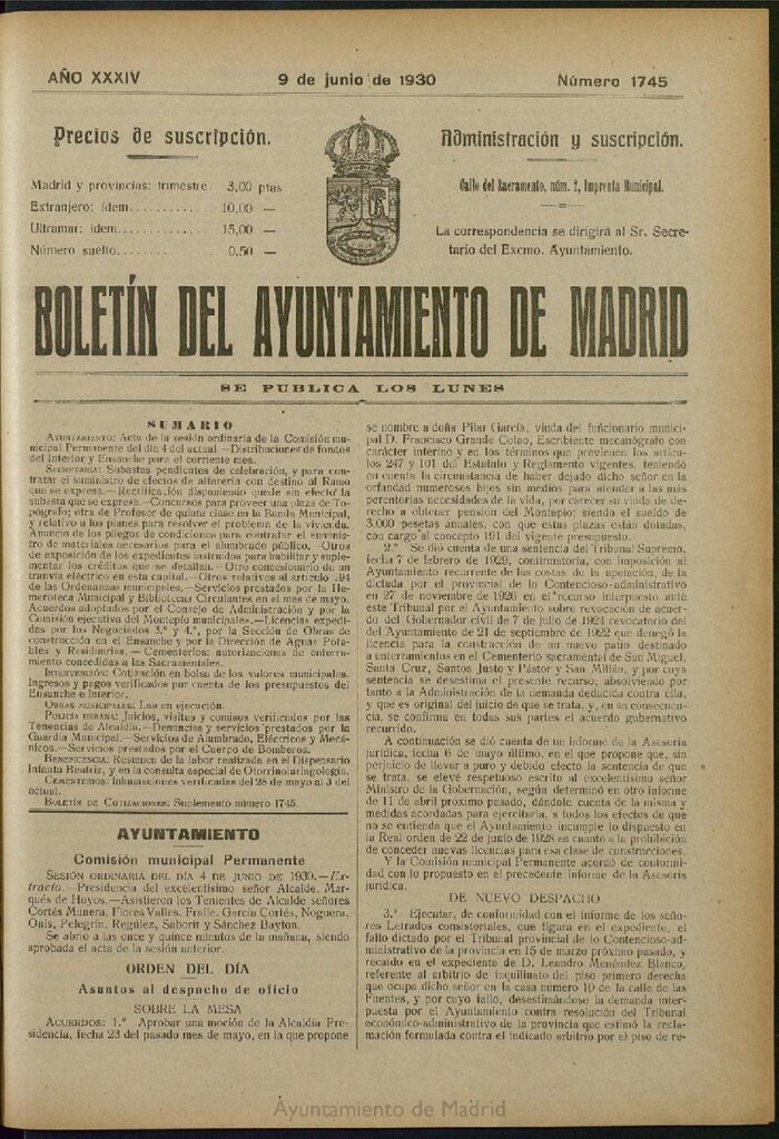 Miniatura de Boletín Oficial del Ayuntamiento de Madrid del 9 de junio de 1930, nº 1745