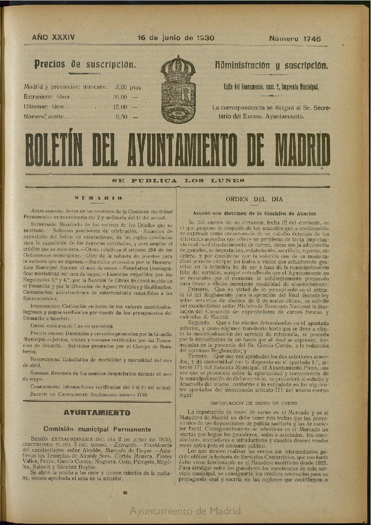 Miniatura de Boletín Oficial del Ayuntamiento de Madrid del 16 de junio de 1930, nº 1746