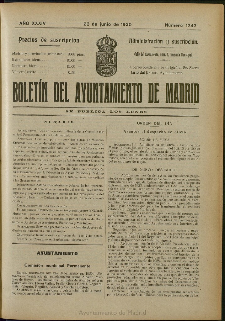 Miniatura de Boletín Oficial del Ayuntamiento de Madrid del 23 de junio de 1930, nº 1747