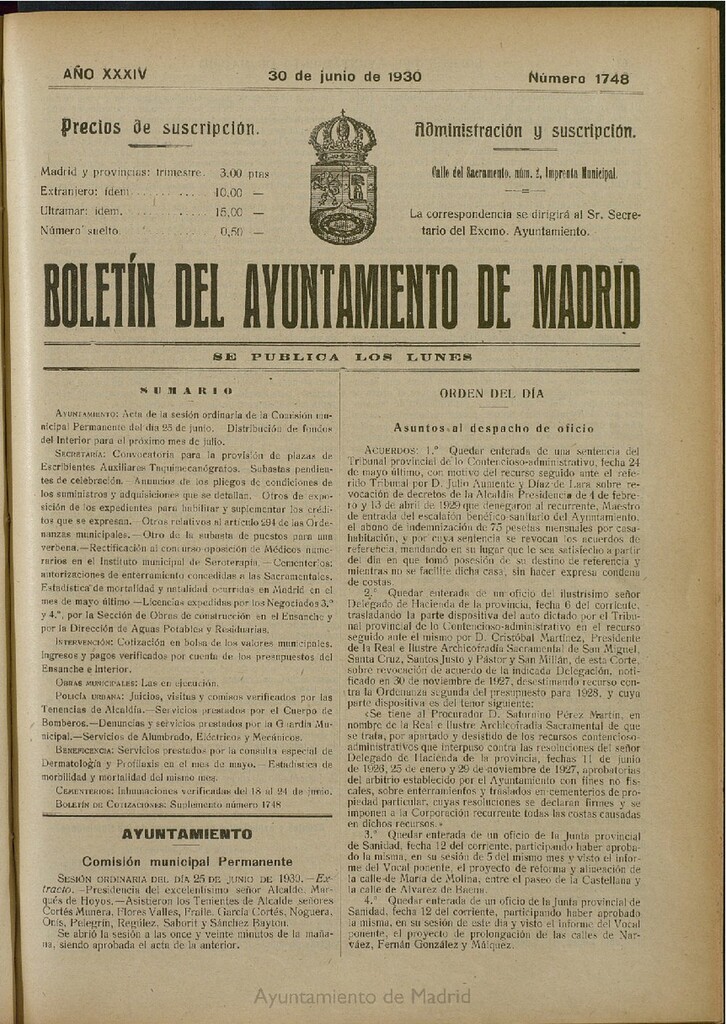 Miniatura de Boletín Oficial del Ayuntamiento de Madrid del 30 de junio de 1930, nº 1748