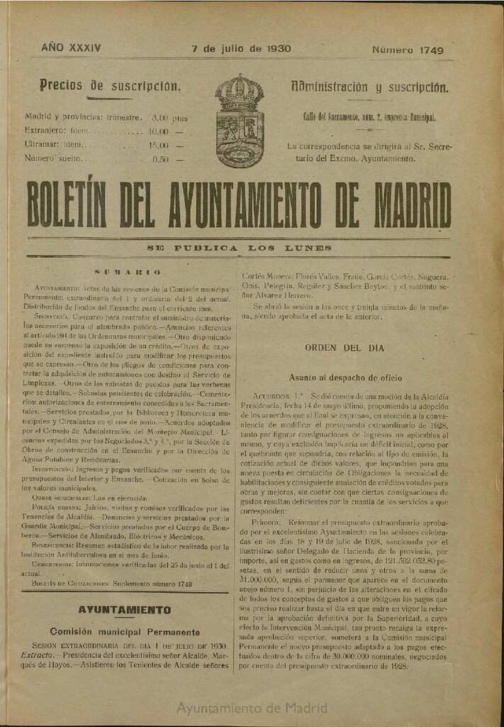 Miniatura de Boletín Oficial del Ayuntamiento de Madrid del 7 de julio de 1930, nº 1749