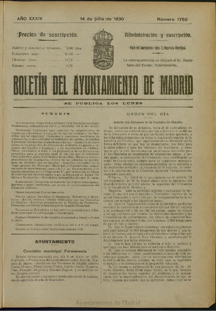 Miniatura de Boletín Oficial del Ayuntamiento de Madrid del 14 de julio de 1930, nº 1750