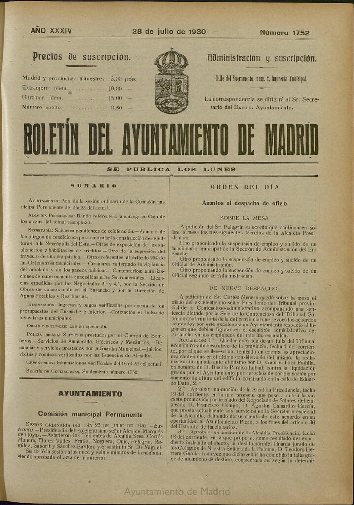 Miniatura de Boletín Oficial del Ayuntamiento de Madrid del 28 de julio de 1930, nº 1752