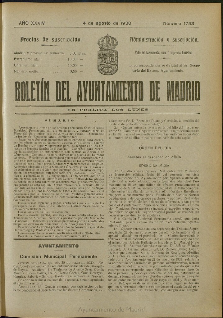 Miniatura de Boletín Oficial del Ayuntamiento de Madrid del 4 de agosto de 1930, nº 1753