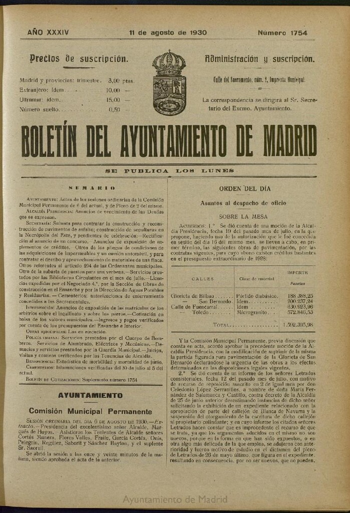 Miniatura de Boletín Oficial del Ayuntamiento de Madrid del 11 de agosto de 1930, nº 1754