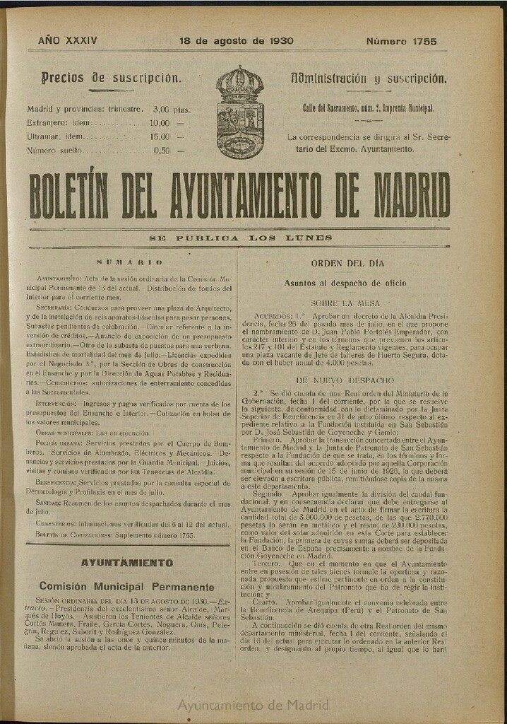 Miniatura de Boletín Oficial del Ayuntamiento de Madrid del 18 de agosto de 1930, nº 1755