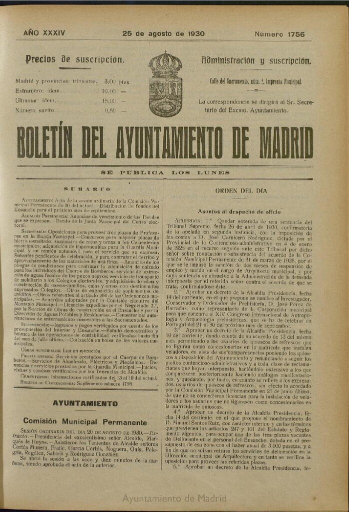 Miniatura de Boletín Oficial del Ayuntamiento de Madrid del 25 de agosto de 1930, nº 1756