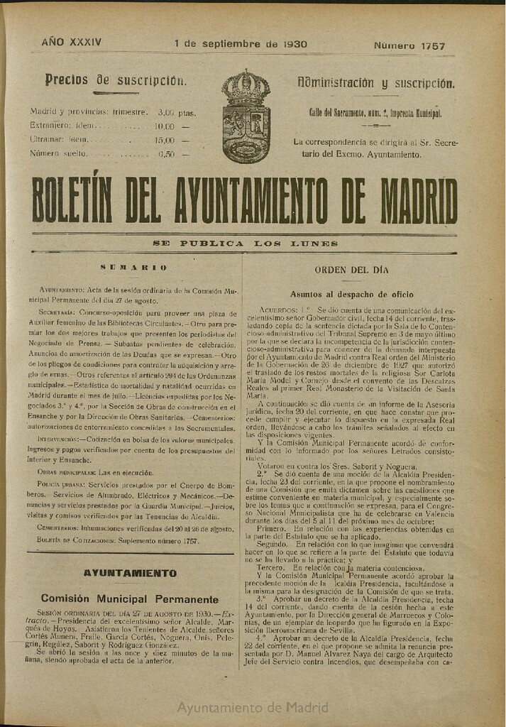 Miniatura de Boletín Oficial del Ayuntamiento de Madrid del 1 de septiembre de 1930, nº 1757