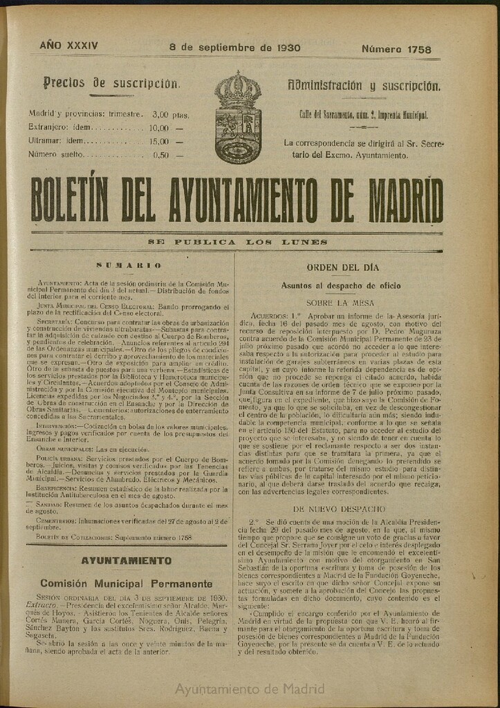 Miniatura de Boletín Oficial del Ayuntamiento de Madrid del 8 de septiembre de 1930, nº 1758