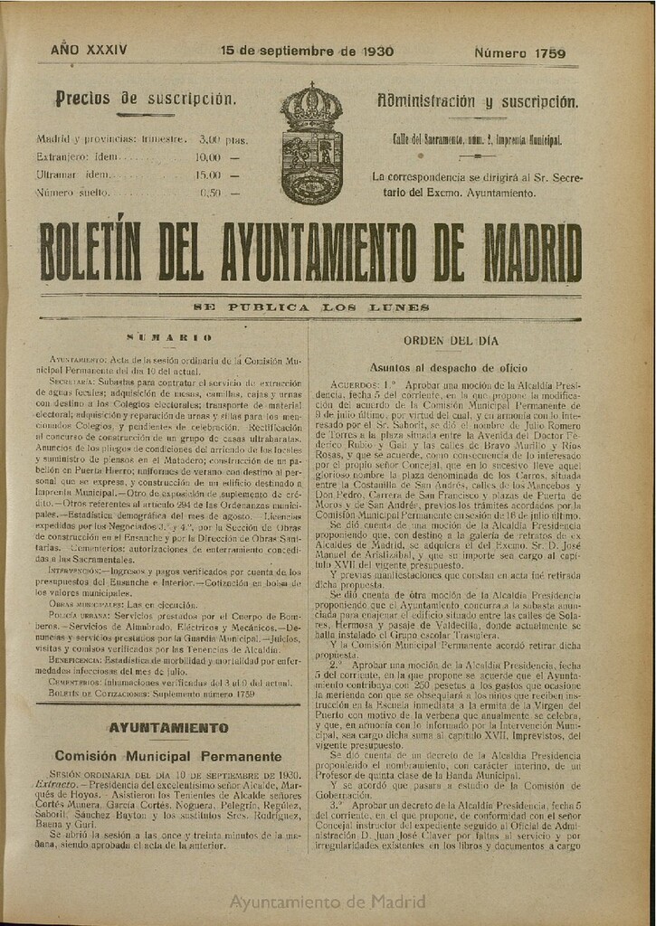 Miniatura de Boletín Oficial del Ayuntamiento de Madrid del 15 de septiembre de 1930, nº 1759