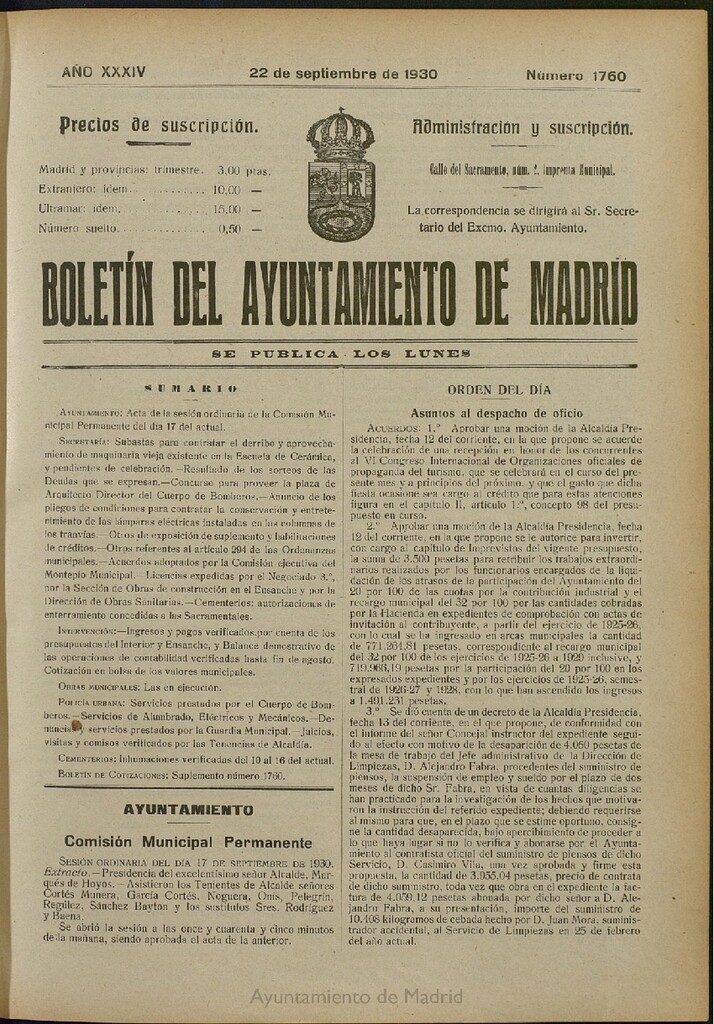 Miniatura de Boletín Oficial del Ayuntamiento de Madrid del 22 de septiembre de 1930, nº 1760