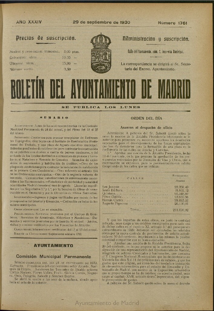 Miniatura de Boletín Oficial del Ayuntamiento de Madrid del 29 de septiembre de 1930, nº 1761