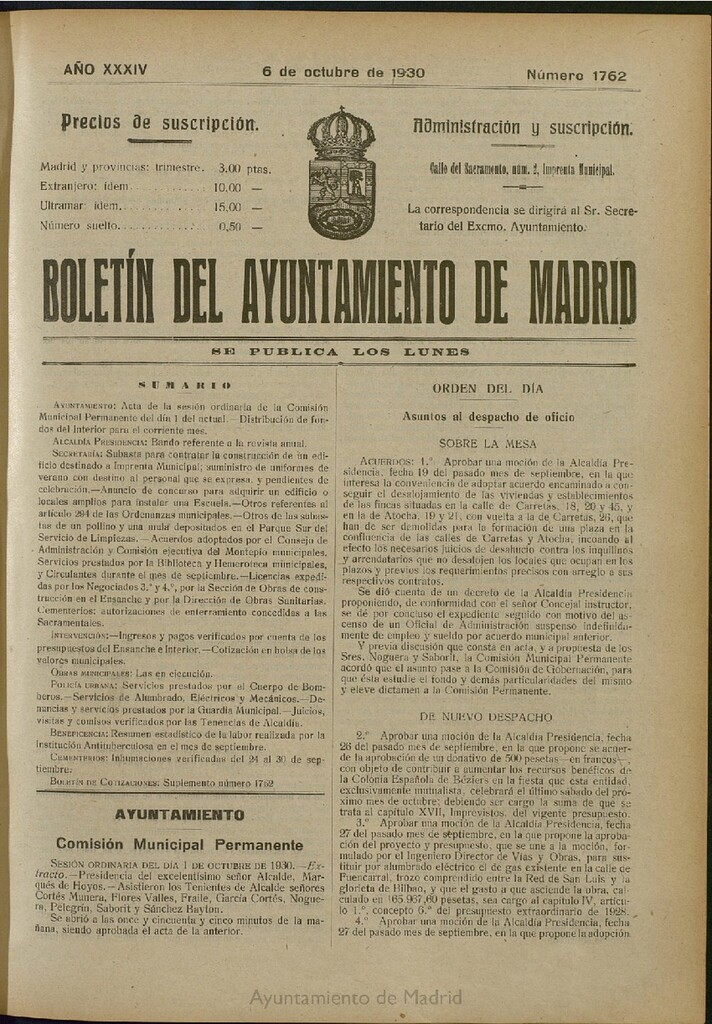 Miniatura de Boletín Oficial del Ayuntamiento de Madrid del 6 de octubre de 1930, nº 1762