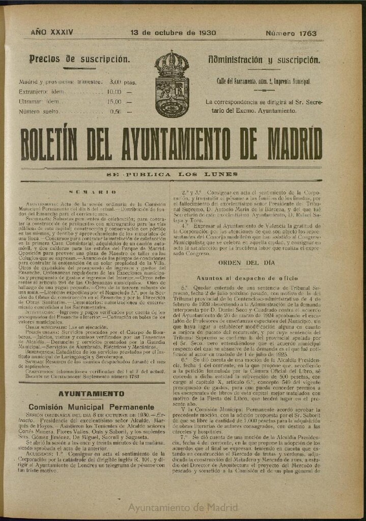 Miniatura de Boletín Oficial del Ayuntamiento de Madrid del 13 de octubre de 1930, nº 1763