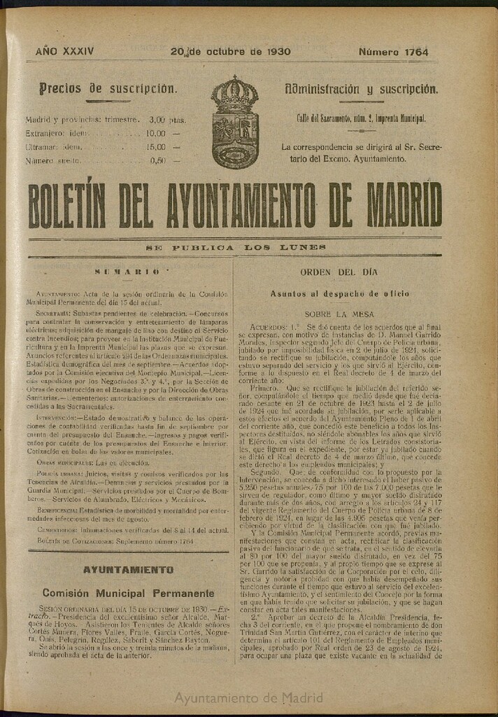 Miniatura de Boletín Oficial del Ayuntamiento de Madrid del 20 de octubre de 1930, nº 1764