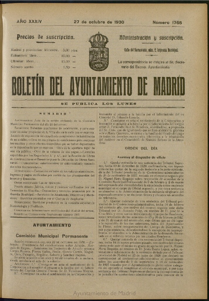 Miniatura de Boletín Oficial del Ayuntamiento de Madrid del 27 de octubre de 1930, nº 1765