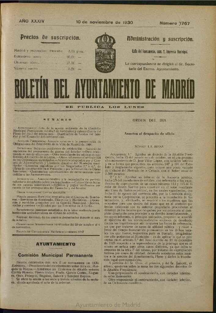 Miniatura de Boletín Oficial del Ayuntamiento de Madrid del 10 de noviembre de 1930, nº 1767