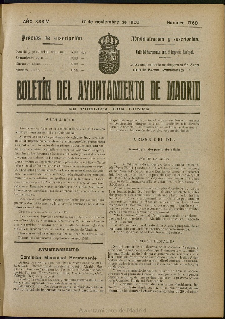Miniatura de Boletín Oficial del Ayuntamiento de Madrid del 17 de noviembre de 1930, nº 1768