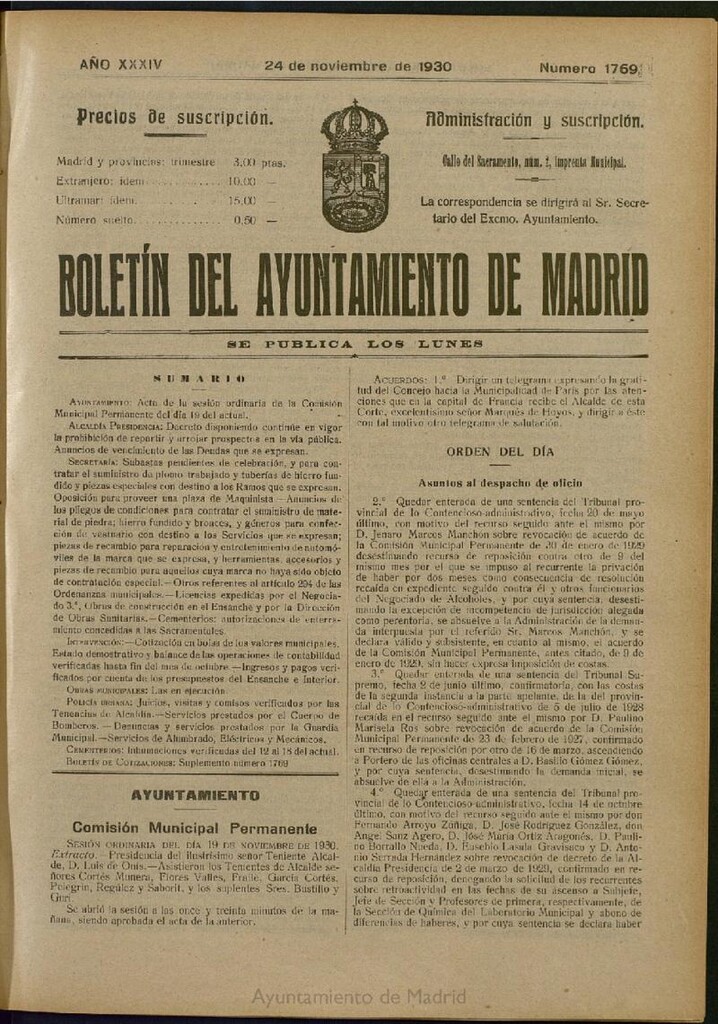 Miniatura de Boletín Oficial del Ayuntamiento de Madrid del 24 de noviembre de 1930, nº 1769