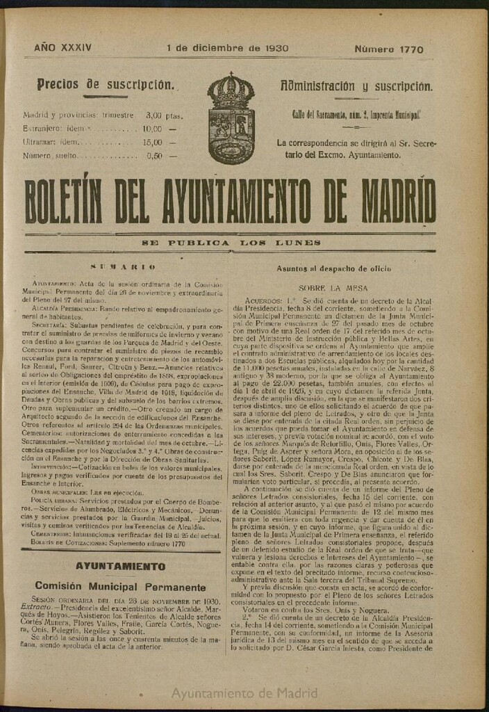 Miniatura de Boletín Oficial del Ayuntamiento de Madrid del 1 de diciembre de 1930, nº 1770