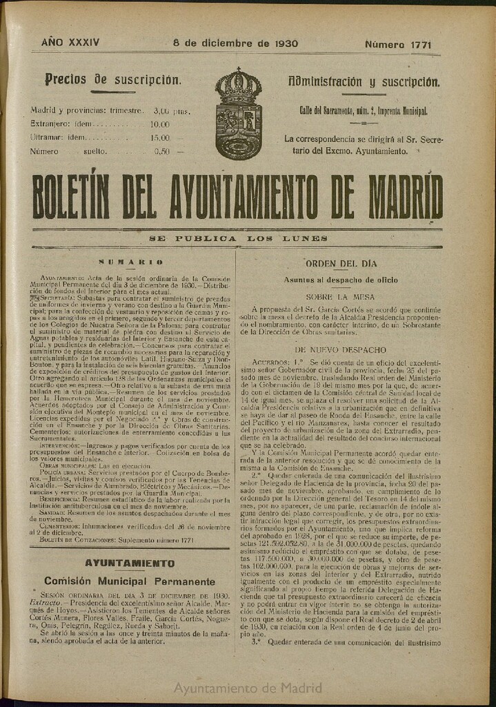 Miniatura de Boletín Oficial del Ayuntamiento de Madrid del 8 de diciembre de 1930, nº 1771