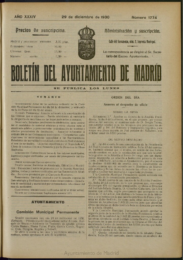 Miniatura de Boletín Oficial del Ayuntamiento de Madrid del 29 de diciembre de 1930, nº 1774