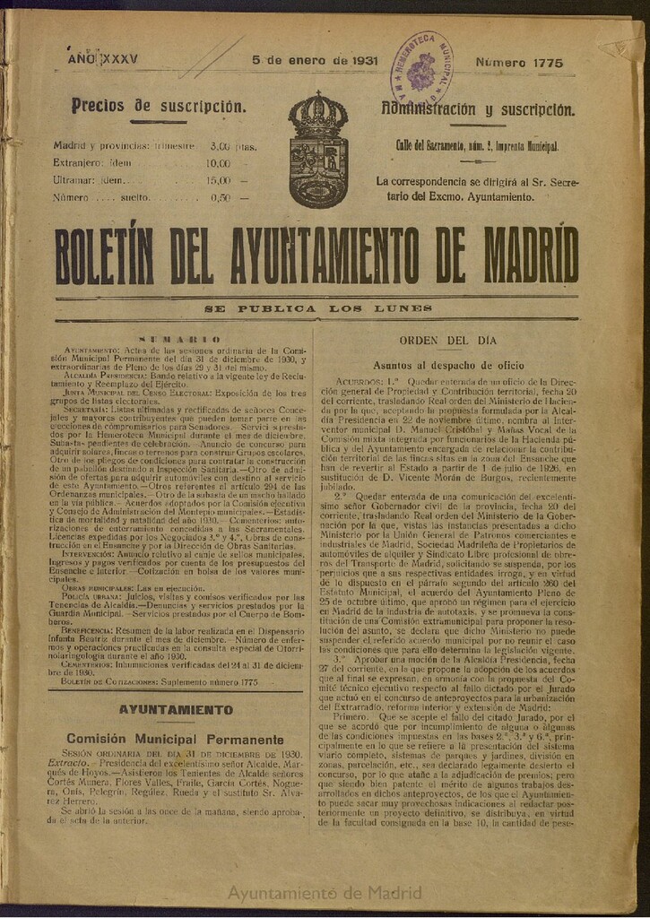 Miniatura de Boletín Oficial del Ayuntamiento de Madrid del 5 de enero de 1931, nº 1775
