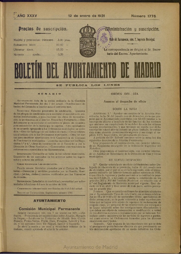 Miniatura de Boletín Oficial del Ayuntamiento de Madrid del 12 de enero de 1931, nº 1776