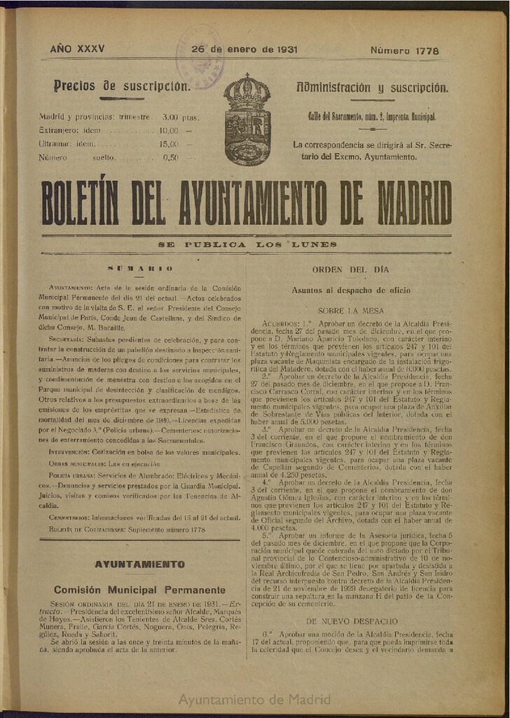 Miniatura de Boletín Oficial del Ayuntamiento de Madrid del 26 de enero de 1931, nº 1778