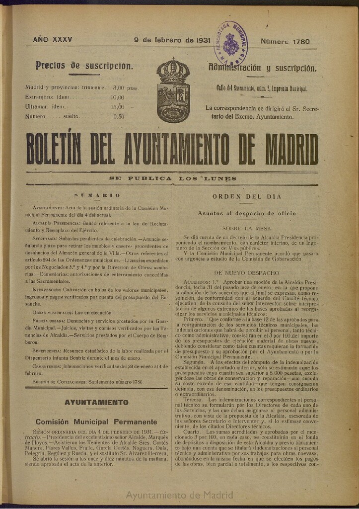 Miniatura de Boletín Oficial del Ayuntamiento de Madrid del 9 de febrero de 1931, nº 1780