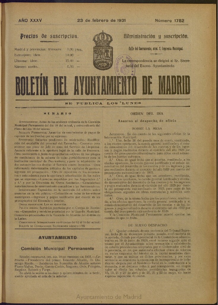 Miniatura de Boletín Oficial del Ayuntamiento de Madrid del 23 de febrero de 1931, nº 1782
