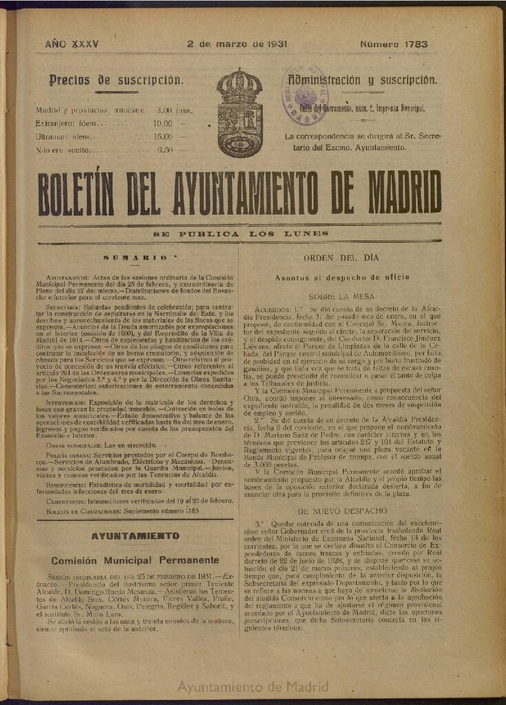 Miniatura de Boletín Oficial del Ayuntamiento de Madrid del 2 de marzo de 1931, nº 1783