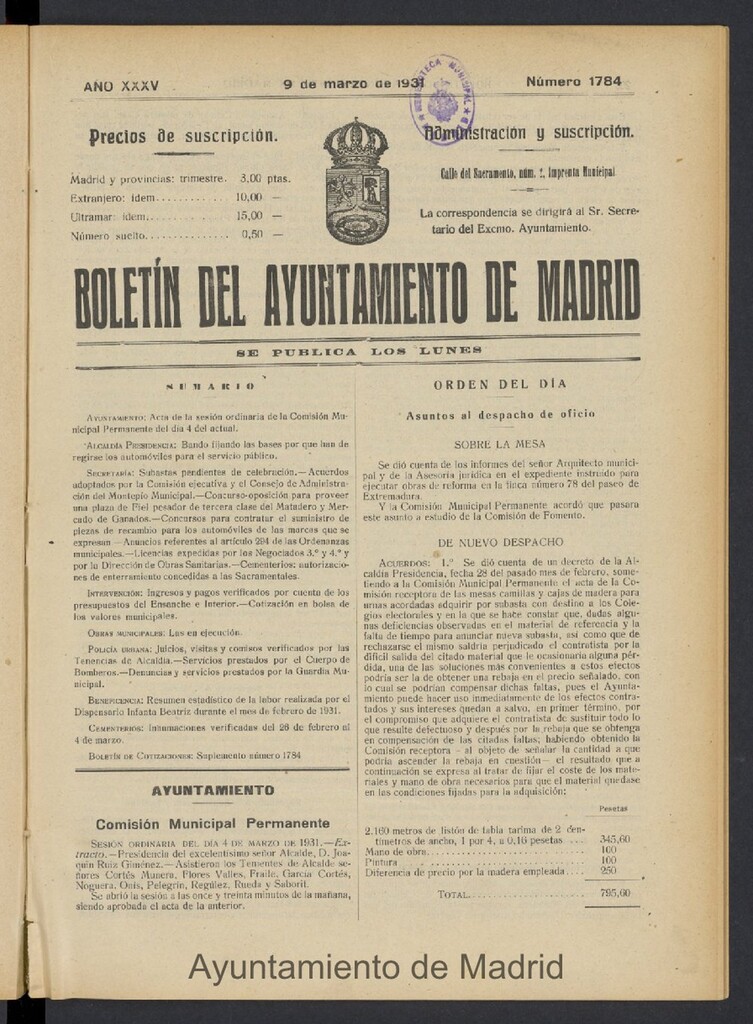 Miniatura de Boletín Oficial del Ayuntamiento de Madrid del 9 de marzo de 1931, nº 1784