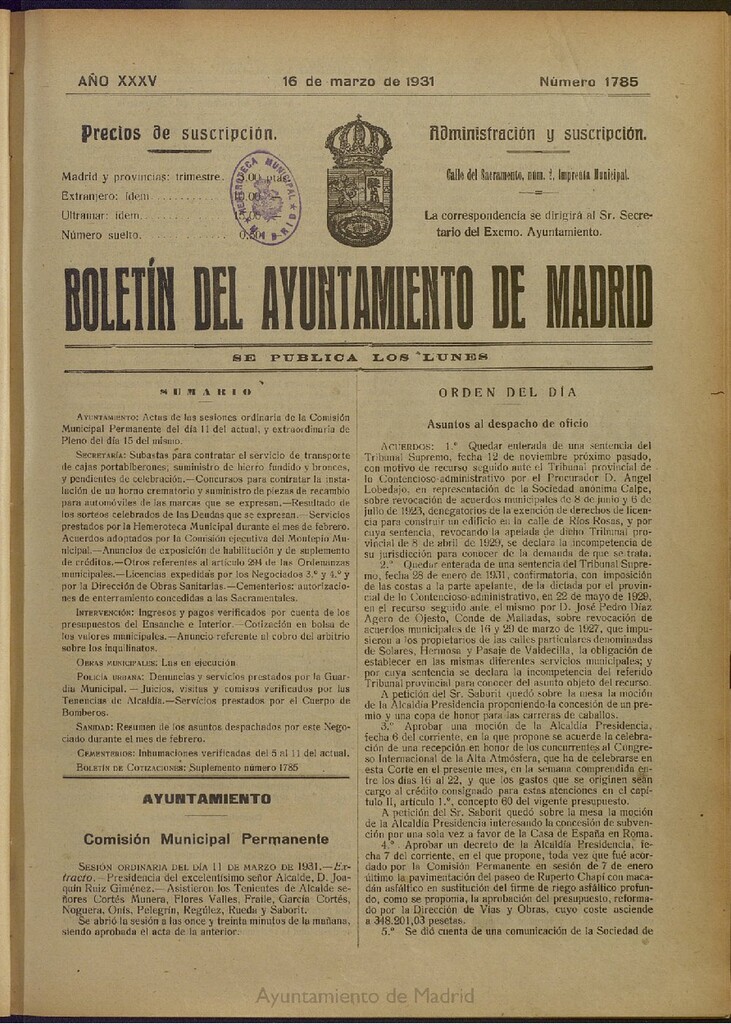 Miniatura de Boletín Oficial del Ayuntamiento de Madrid del 16 de marzo de 1931, nº 1785