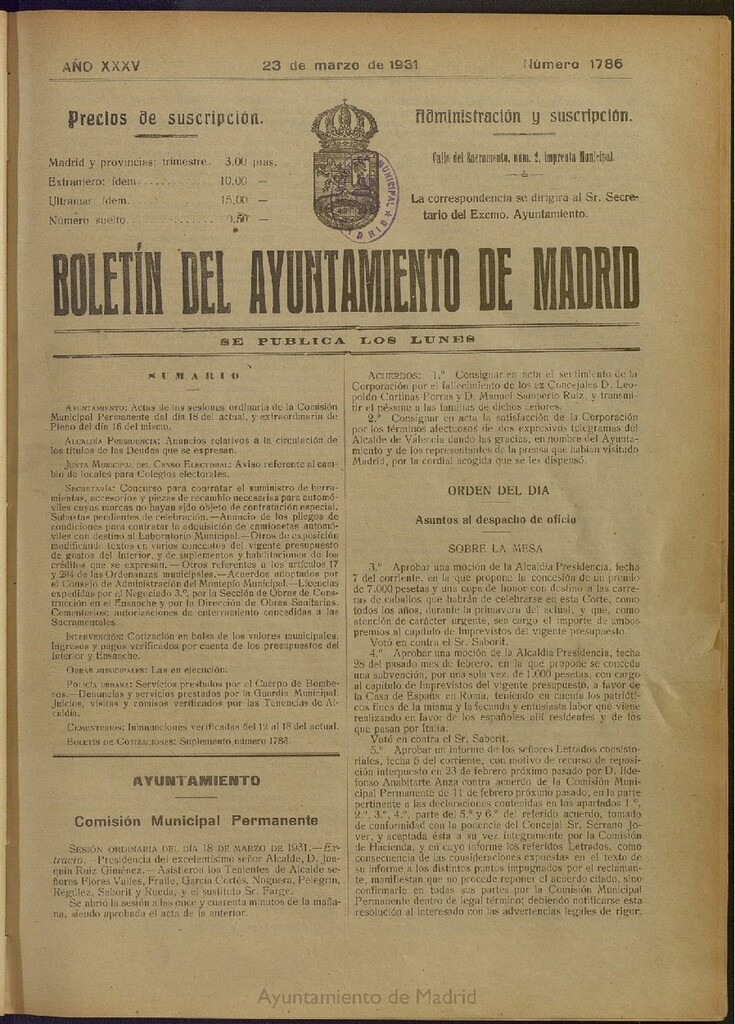 Miniatura de Boletín Oficial del Ayuntamiento de Madrid del 23 de marzo de 1931, nº 1786