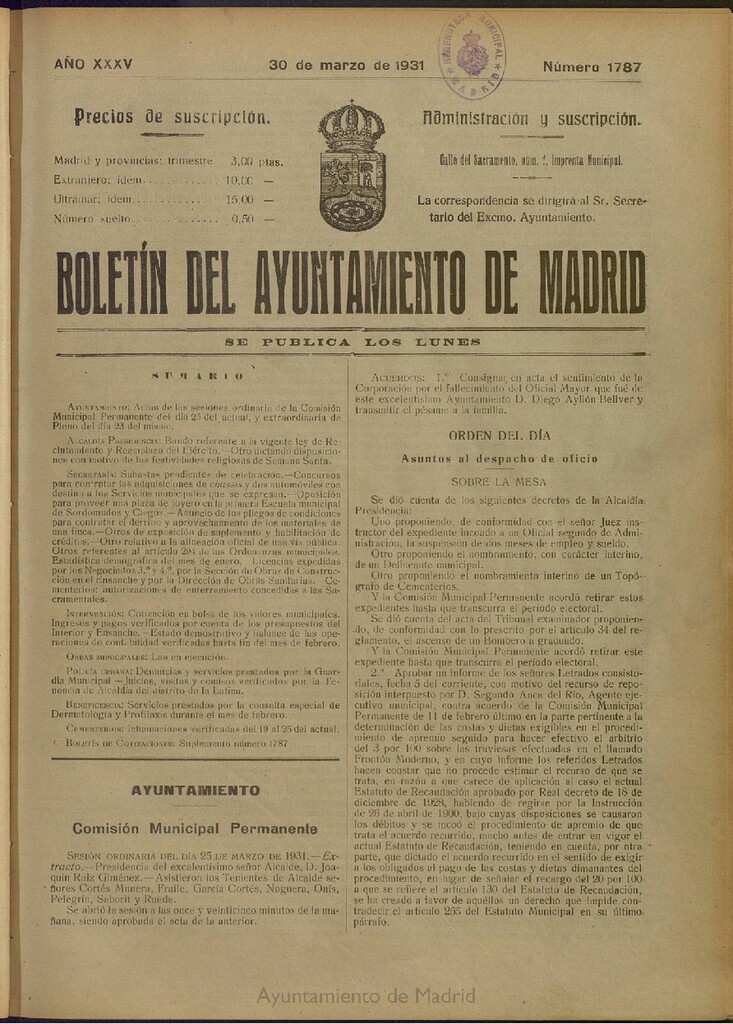 Miniatura de Boletín Oficial del Ayuntamiento de Madrid del 30 de marzo de 1931, nº 1787
