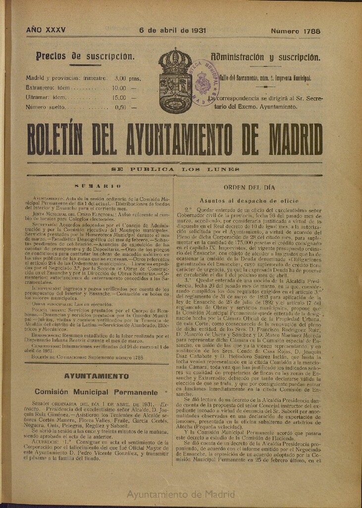 Miniatura de Boletín Oficial del Ayuntamiento de Madrid del 6 de abril de 1931, nº 1788