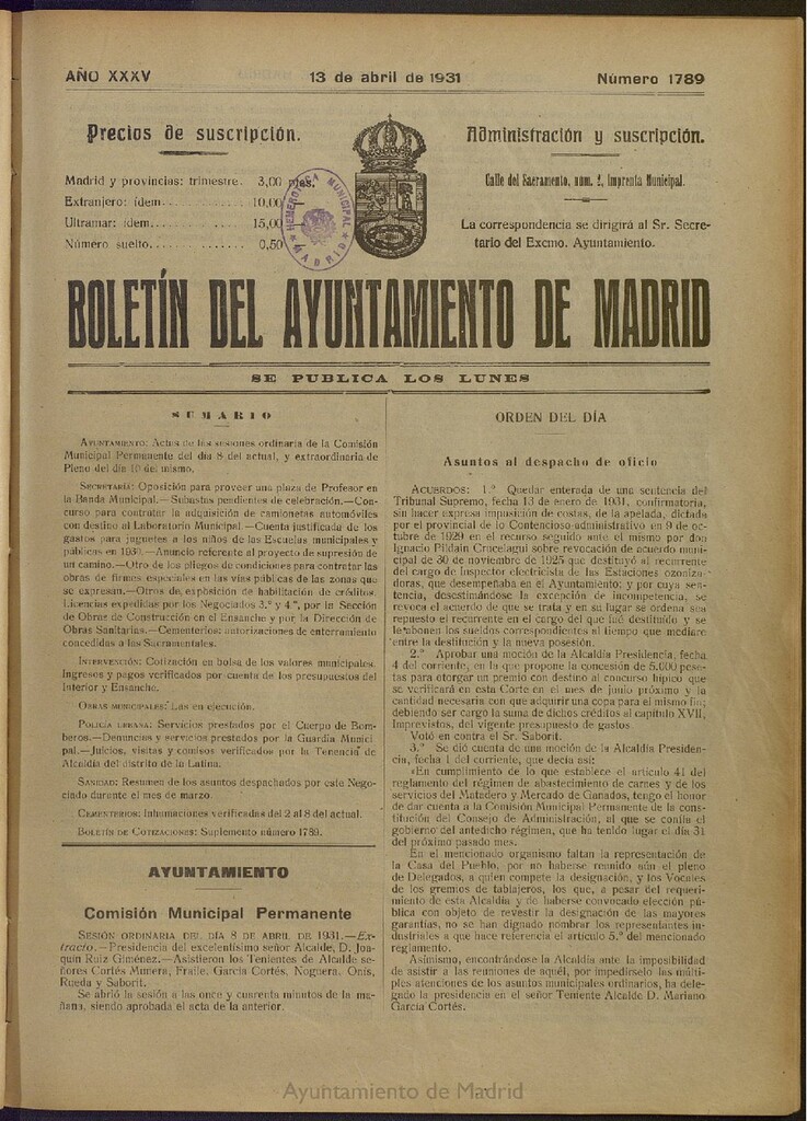 Miniatura de Boletín Oficial del Ayuntamiento de Madrid del 13 de abril de 1931, nº 1789