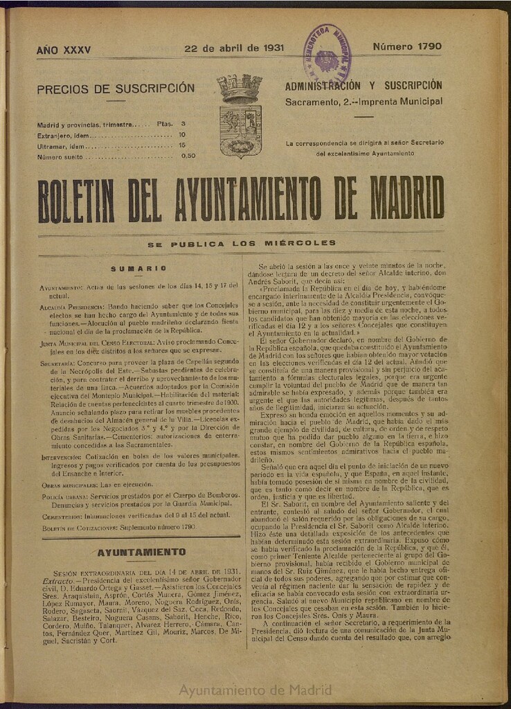 Miniatura de Boletín Oficial del Ayuntamiento de Madrid del 22 de abril de 1931, nº 1790