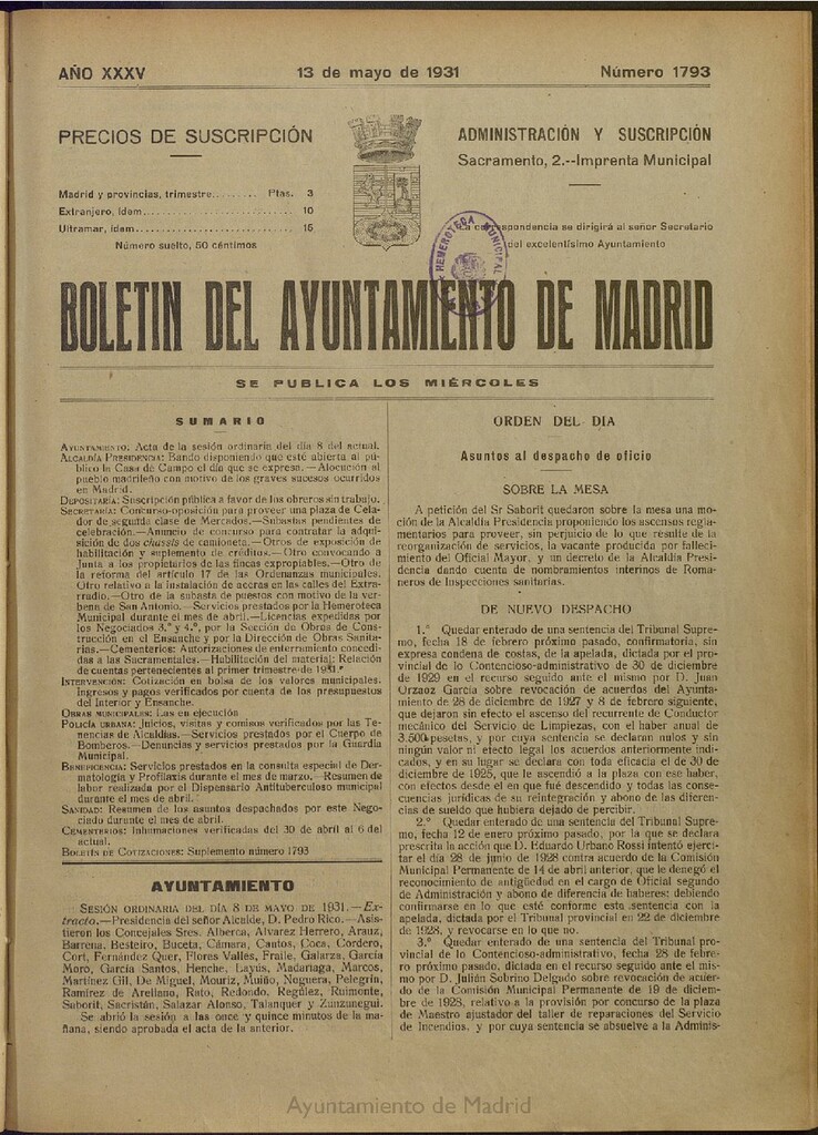 Miniatura de Boletín Oficial del Ayuntamiento de Madrid del 13 de mayo de 1931, nº 1793