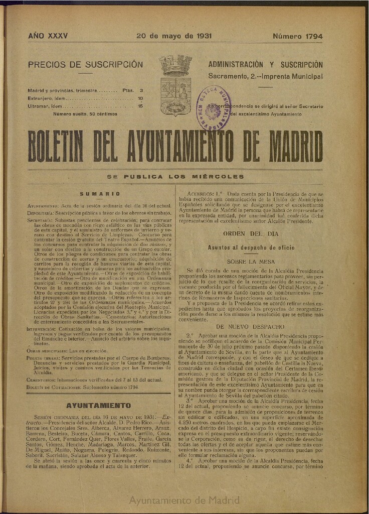 Miniatura de Boletín Oficial del Ayuntamiento de Madrid del 20 de mayo de 1931, nº 1794