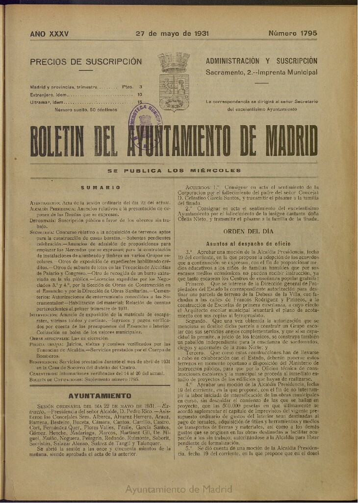 Miniatura de Boletín Oficial del Ayuntamiento de Madrid del 27 de mayo de 1931, nº 1795
