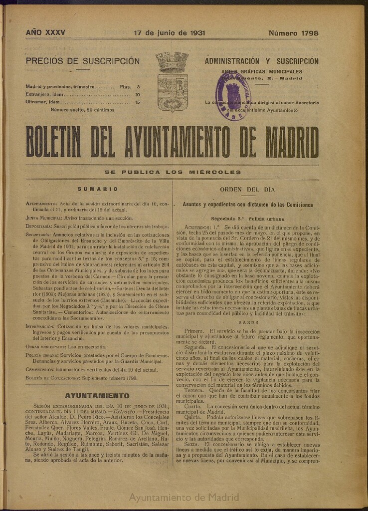 Miniatura de Boletín Oficial del Ayuntamiento de Madrid del 17 de junio de 1931, nº 1798