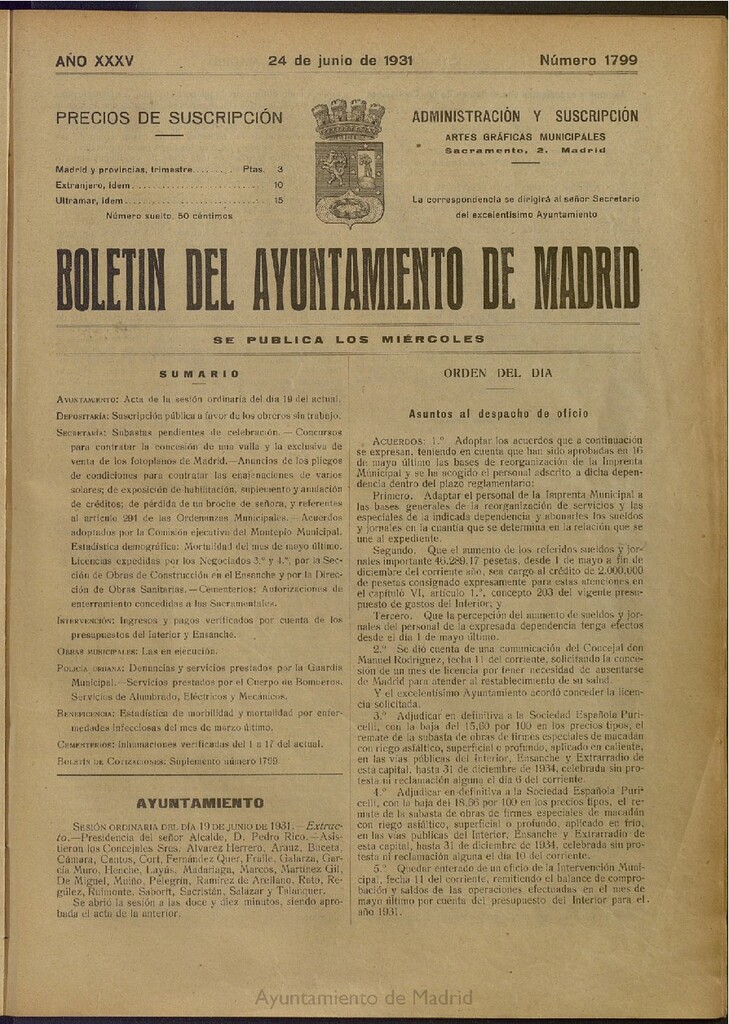Miniatura de Boletín Oficial del Ayuntamiento de Madrid del 24 de junio de 1931, nº 1799