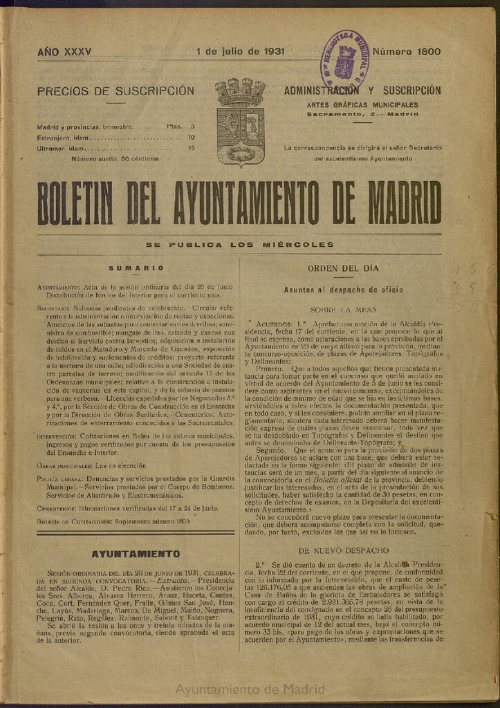 Miniatura de Boletín Oficial del Ayuntamiento de Madrid del 1 de julio de 1931, nº 1800