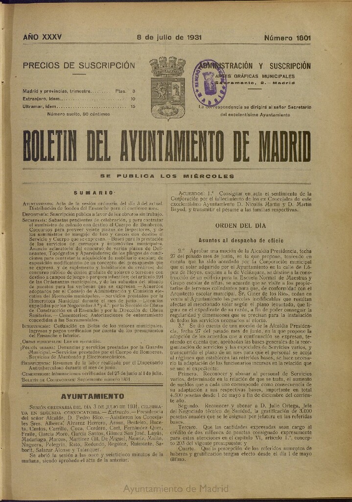 Miniatura de Boletín Oficial del Ayuntamiento de Madrid del 8 de julio de 1931, nº 1801